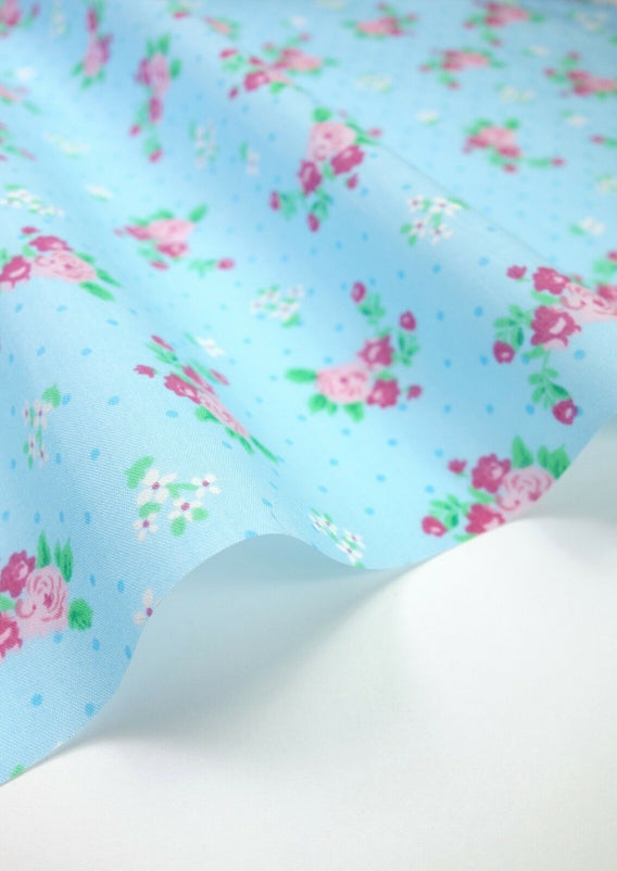 Milly Blue Shabby Chic Polycotton Floral Fabric