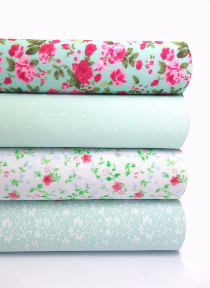 Fabric Bundles Fat Quarters Polycotton Material Vintage Florals Spots Craft - Mint