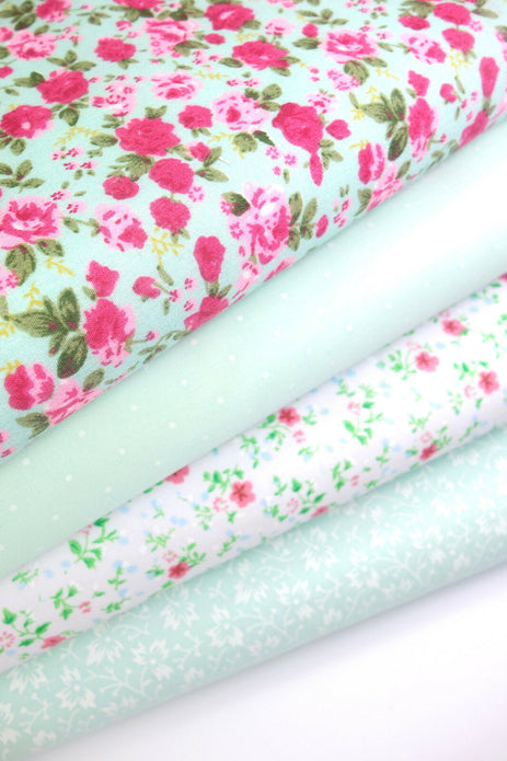 Fabric Bundles Fat Quarters Polycotton Material Vintage Florals Spots Craft - Mint