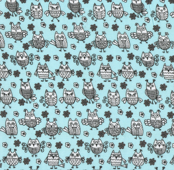 Owls Pale Blue Polycotton Children Fabric Choose Size