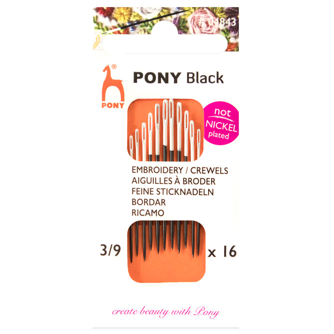 16 x Pony Black Crewels Hand Sewing Needles With Round White Eye Crafts Size 3-9