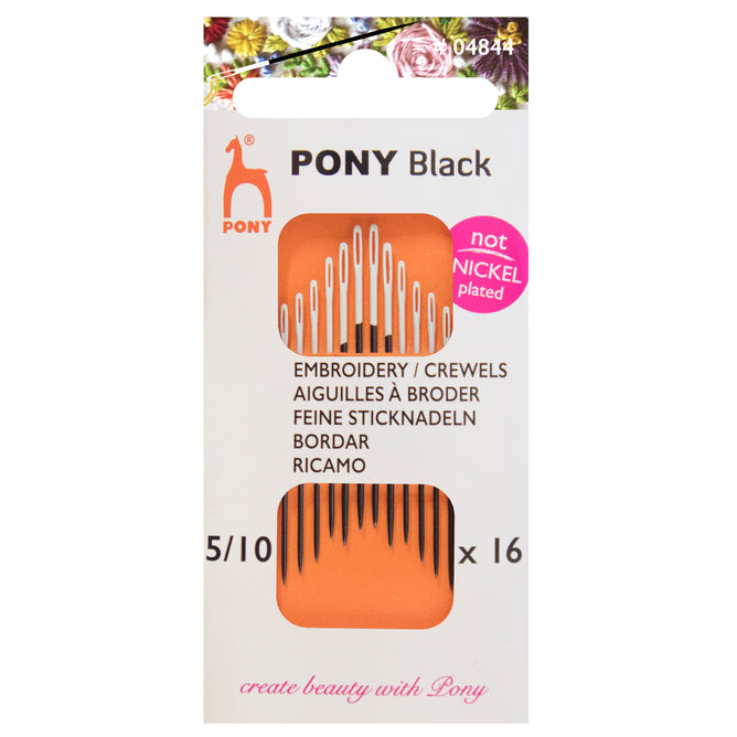 16 x Pony Black Crewels Hand Sewing Needles With Round White Eye Craft Size: 5-10