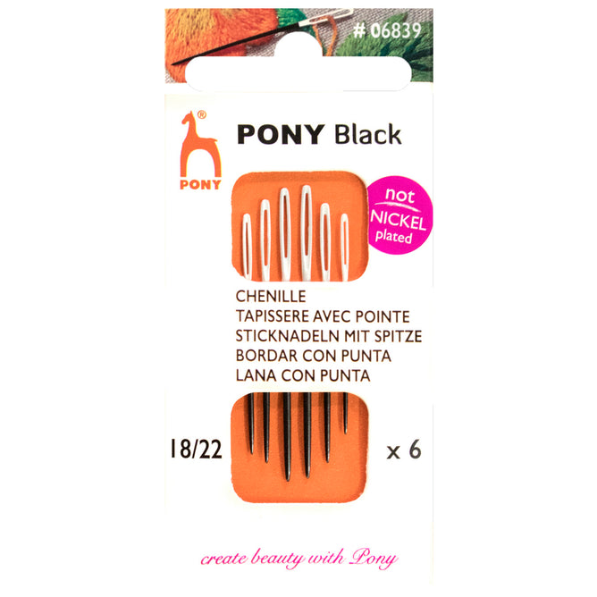 6 x Pony Black Chenille Hand Sewing Needles With Round White Eye Crafts 18-22