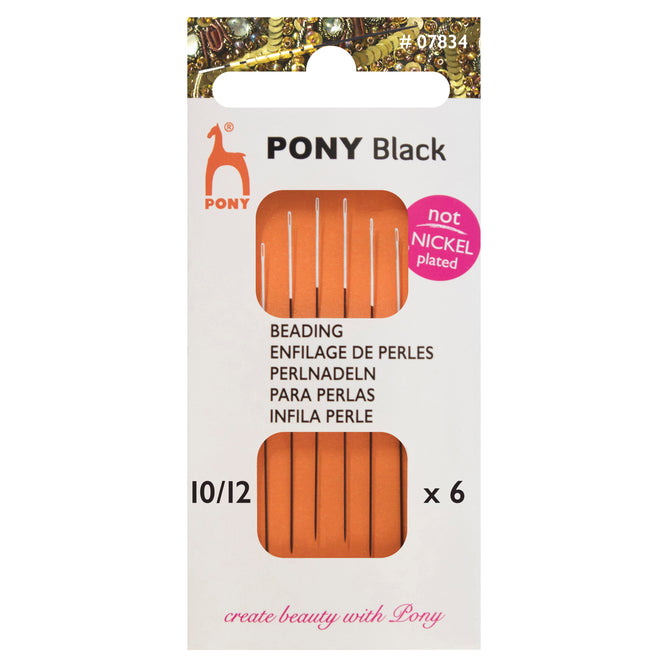 6 x Pony Black Beading Hand Sewing Needles With Round White Eye Craft Size 10-12