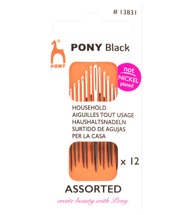 12 x Pony Assorted Black Household Hand Sewing Needles With White Eye Crafts