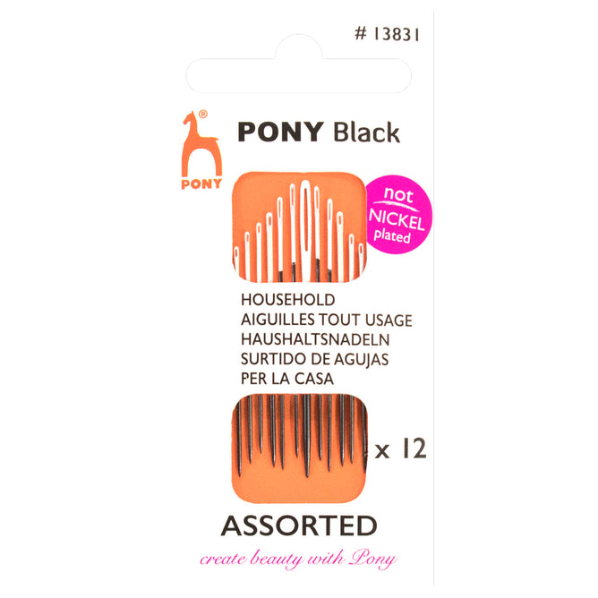 12 x Pony Assorted Black Household Hand Sewing Needles With White Eye Crafts