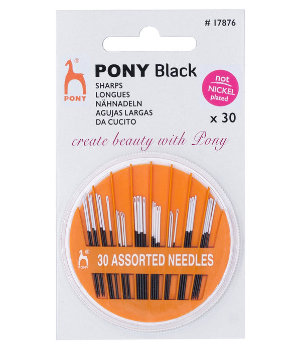 30 x Pony Assorted Size Black Sharps Hand Sewing Needles With White Eye Crafts