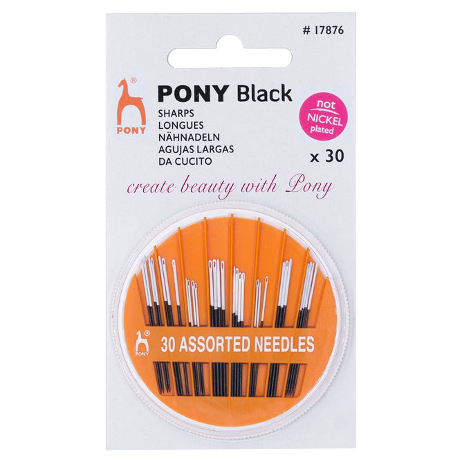 30 x Pony Assorted Size Black Sharps Hand Sewing Needles With White Eye Crafts