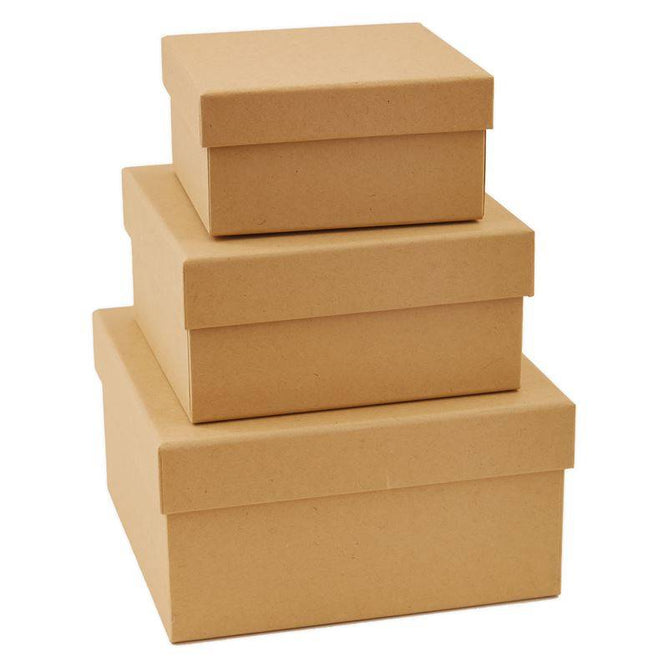 3 x Papermania Bare Basics Nesting Boxes Square Shaped Brown Assorted Size Craft