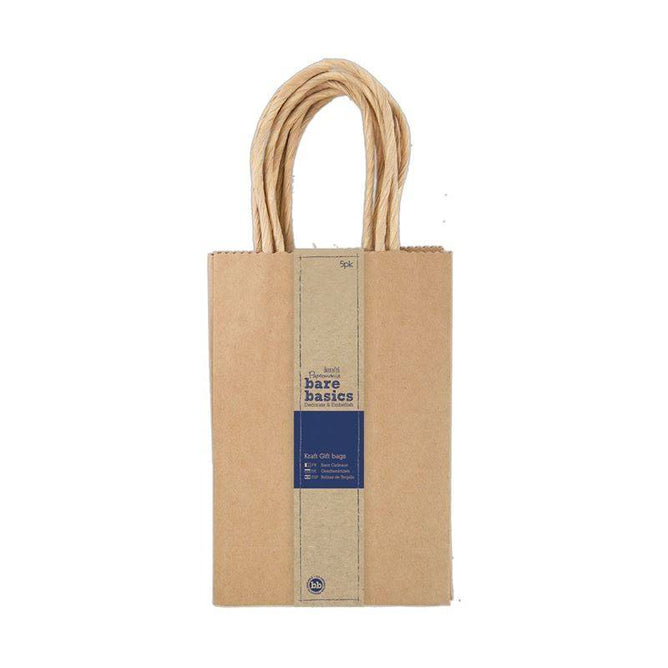 5 x Papermania Bare Basics Kraft Gift Small Bags With Twisted Handle 12cm x 18cm