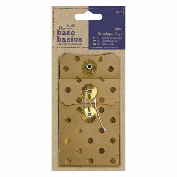 4 x Papermania Bare Basics Gold Spot Foiled Kraft Envelopes Bag With String Tied