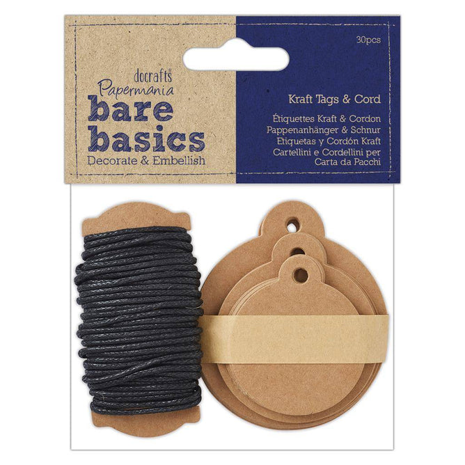 Papermania 30 Kraft Eyelet Round Tags With 6m Black Cord Assorted Size Scrapbooking Crafts