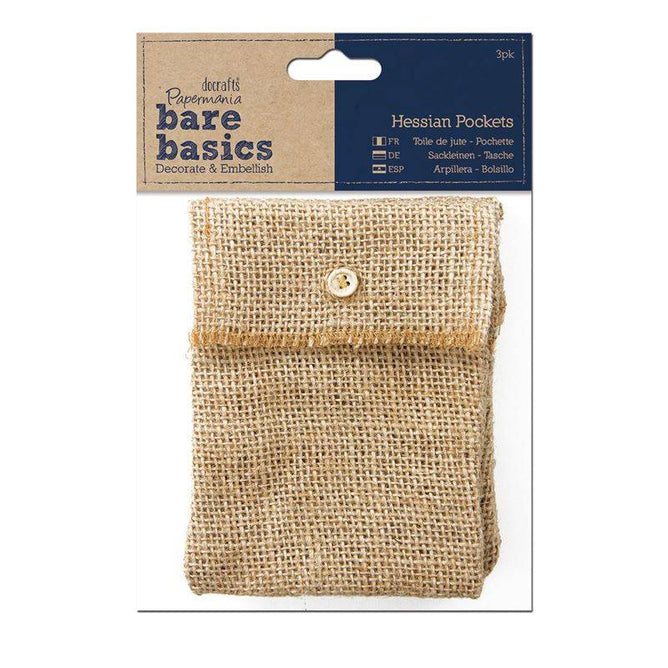 3 x Papermania Bare Basics Hessian Pockets With Button Closure Brown Rectangular