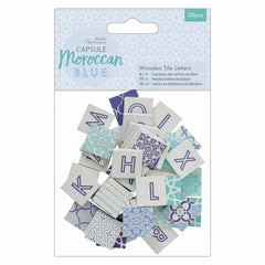 50 x Papermania Moroccan Blue Woooden Tiles Printed Alphabet Letters 20mmx20mm