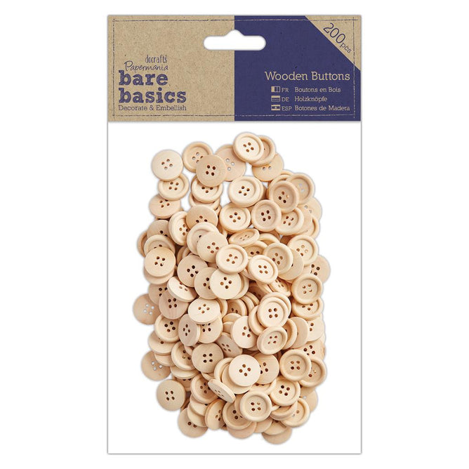 200 x Papermania Bare Basics Natural Brown Wooden Buttons Scrapbooking Crafts