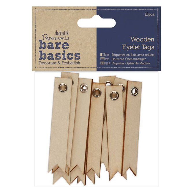 12 x Papermania Bare Basics Eyelet Tags 6.5cm Wooden Decorations Scrapbooking Crafts