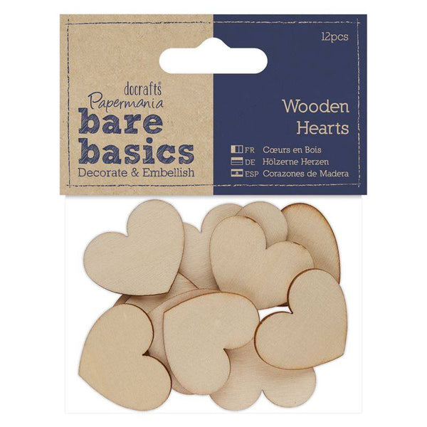 12 x Papermania Bare Basics Hearts Shaped 3cm Wooden Decoration Scrapbooking Crafts