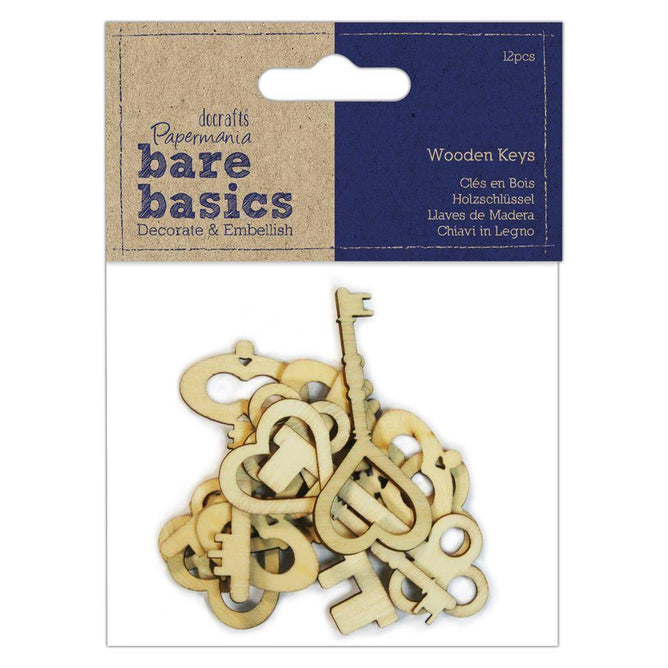 12 x Papermania Bare Basics Wooden Keys 7.5cm Card Making Scrapbooking Crafts