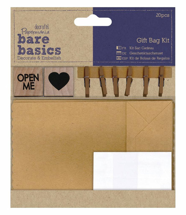 Papermania Bare Basics Stickers Kraft Bag Wooden Pegs Stamps Gift Bag Kit 20 pcs