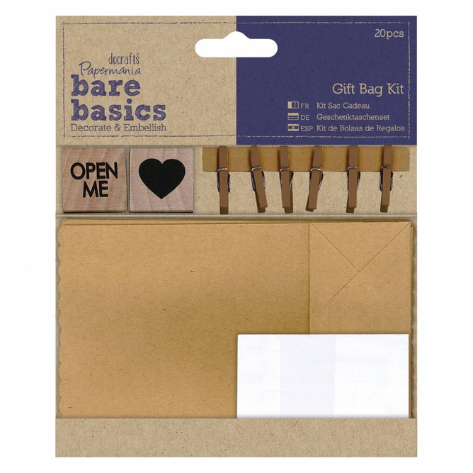 Papermania Bare Basics Stickers Kraft Bag Wooden Pegs Stamps Gift Bag Kit 20 pcs