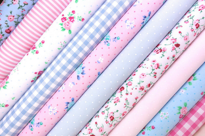 Fabric Bundles Fat Quarters Polycotton Material Florals Gingham Spots Craft - PINK BLUE