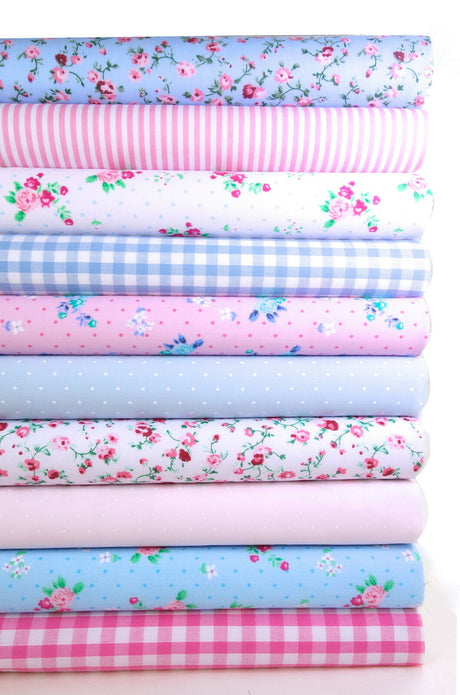 Fabric Bundles Fat Quarters Polycotton Material Florals Gingham Spots Craft - PINK BLUE