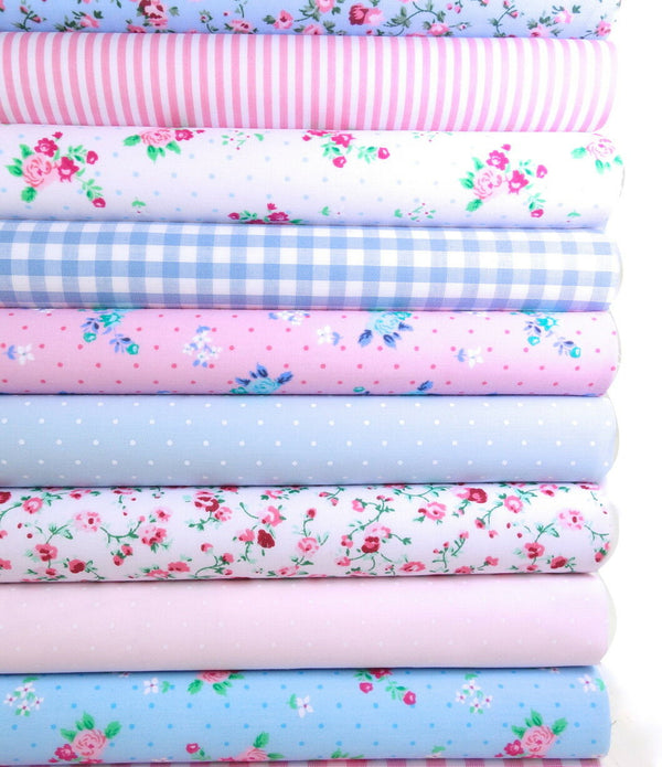 Fabric Bundles Fat Quarters Polycotton Material Florals Gingham Spots Craft - PINK BLUE