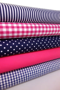 Fabric Bundles Fat Quarters Polycotton Material Gingham Spots Craft - NAVY CERISE