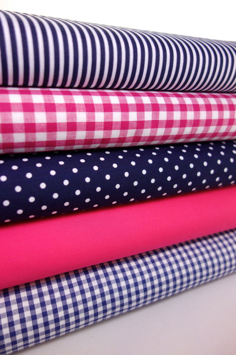 Fabric Bundles Fat Quarters Polycotton Material Gingham Spots Craft - NAVY CERISE