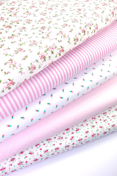 Fabric Bundles Fat Quarters Polycotton Material Florals Stripes Spots Craft - PINK