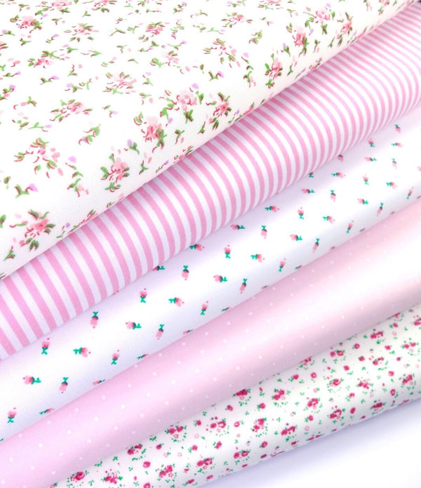 Fabric Bundles Fat Quarters Polycotton Material Florals Stripes Spots Craft - PINK