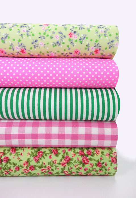 Fabric Bundles Fat Quarters Polycotton Material Florals Gingham Spots Craft - PINK LIME