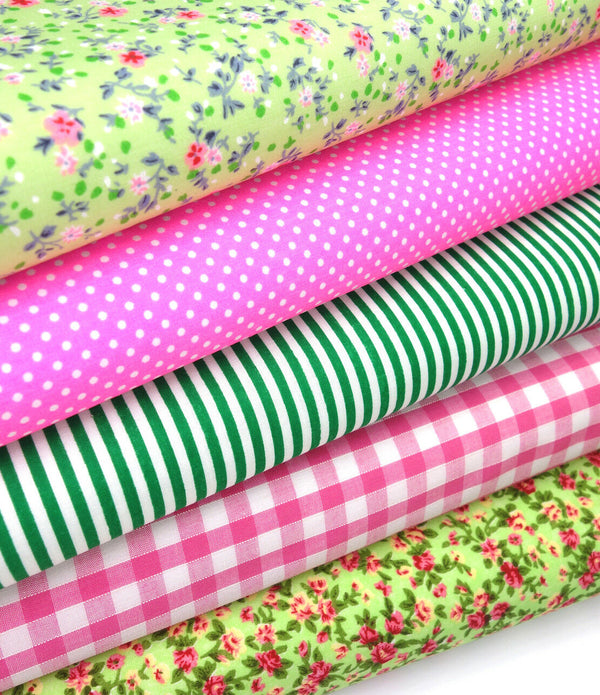 Fabric Bundles Fat Quarters Polycotton Material Florals Gingham Spots Craft - PINK LIME