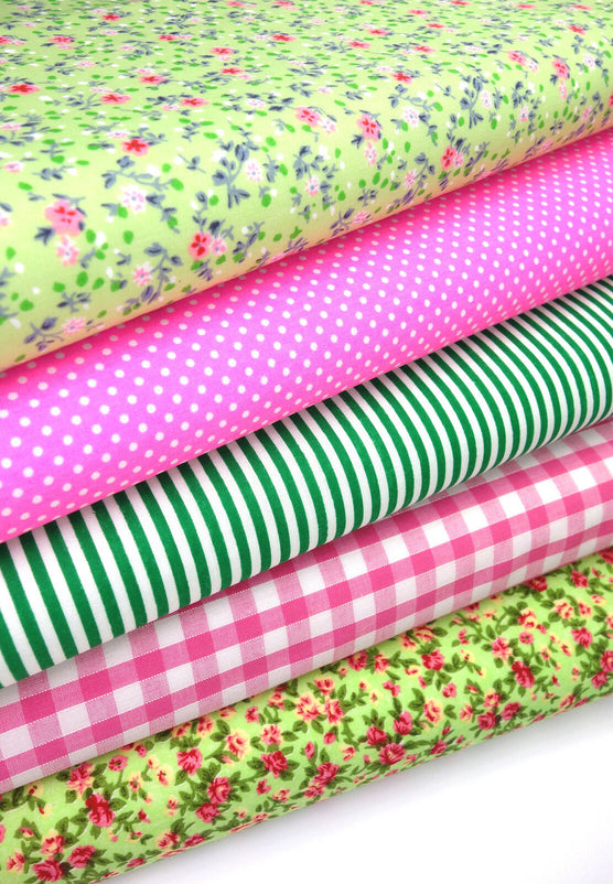 Fabric Bundles Fat Quarters Polycotton Material Florals Gingham Spots Craft - PINK LIME
