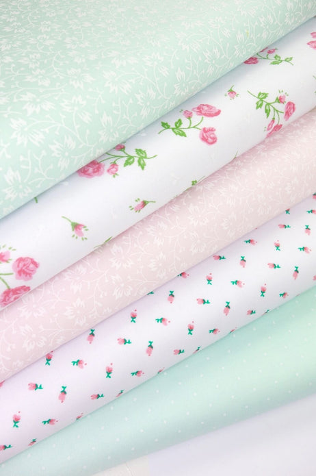 Fabric Bundles Fat Quarters Polycotton Material Florals Spots Craft - PINK MINT