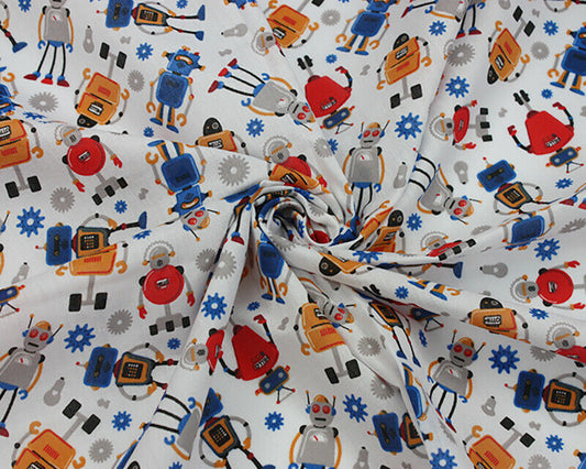 Robots White Polycotton Children Fabric Sold By Half A Metre