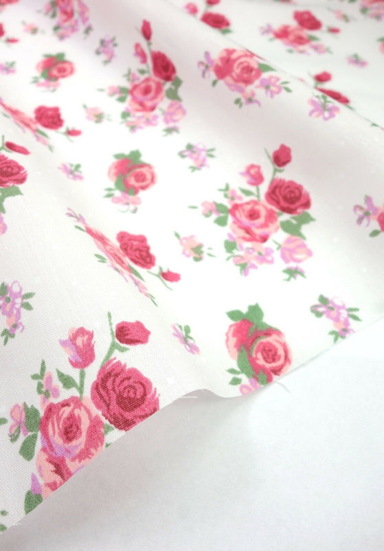 Roses Pink Shabby Chic Polycotton Floral Fabric