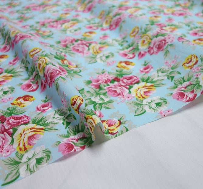 Rosie Sky Shabby Chic Polycotton Floral Fabric