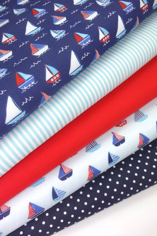Fabric Bundles Fat Quarters Polycotton Material Sailing Boats Spots Plain Children Craft