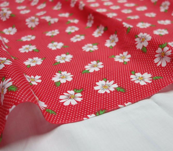 Spotty Daises Red Shabby Chic Polycotton Floral Fabric