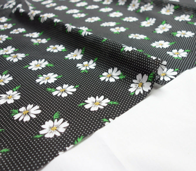 Spotty Daisy Black Shabby Chic Polycotton Floral Fabric