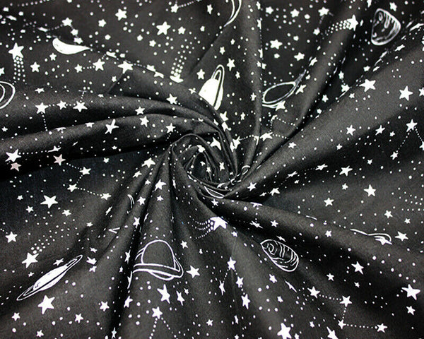 Stars & Planets Black Polycotton Children Fabric