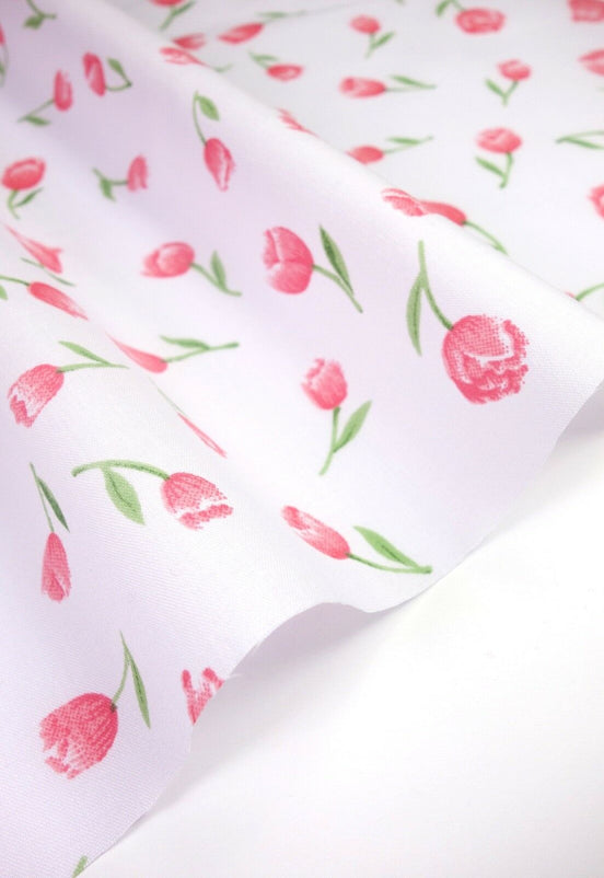 Tulips Pink Shabby Chic Polycotton Floral Fabric