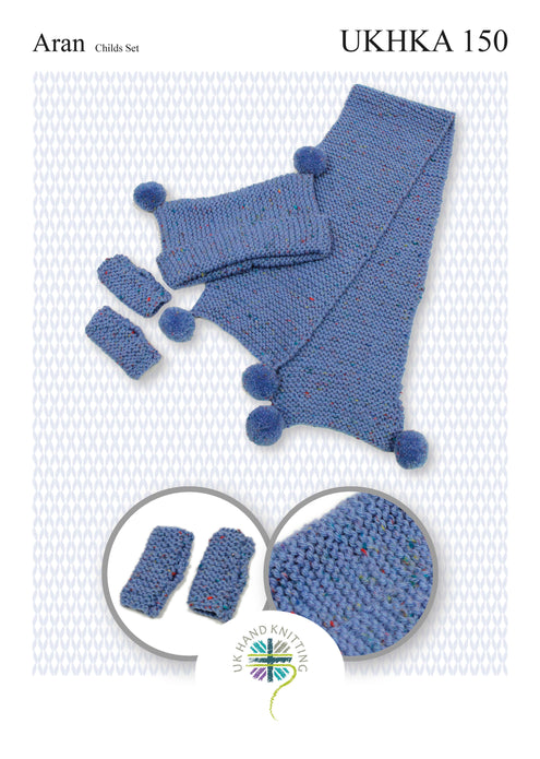 Aran Knitting Pattern Blue Colour Child Scarf Hat Mittens 5 To 14 Years - Hobby & Crafts