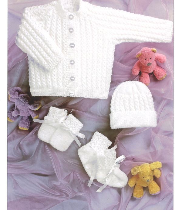 4 Ply Knitting Pattern Jacket Hat Mittens Booties 0 - 2 Years 31-56 cm 12-22 inches - Hobby & Crafts