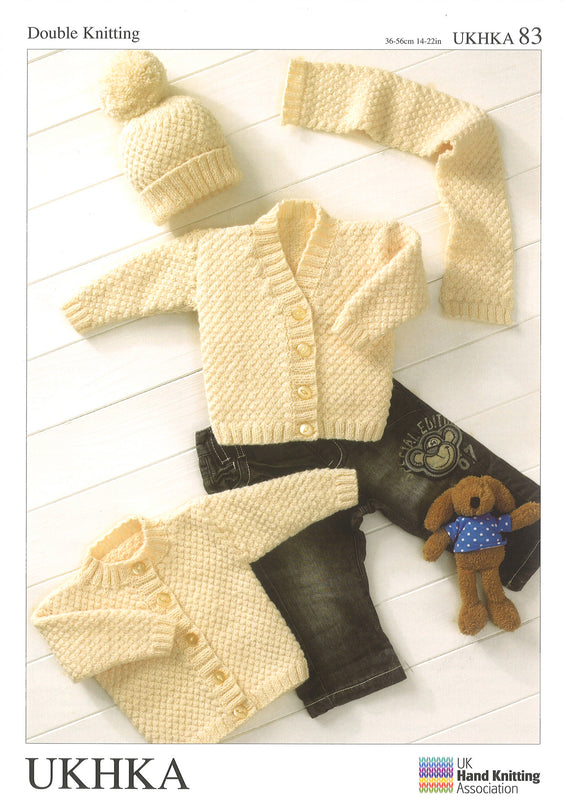 Double Knitting Pattern Cardigans Hat Scarf 0 To 2 years 36-56 cm 14-22 inches - Hobby & Crafts