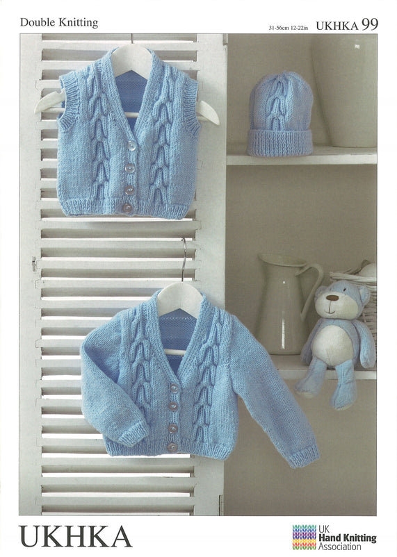 Double Knitting Pattern Cardigans Waistcoat Hat 0 To 2 years 36-56 cm 12-22 inches - Hobby & Crafts