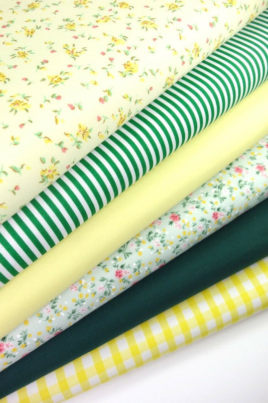 Fabric Bundles Fat Quarters Polycotton Material Florals Gingham Craft - YELLOW GREEN