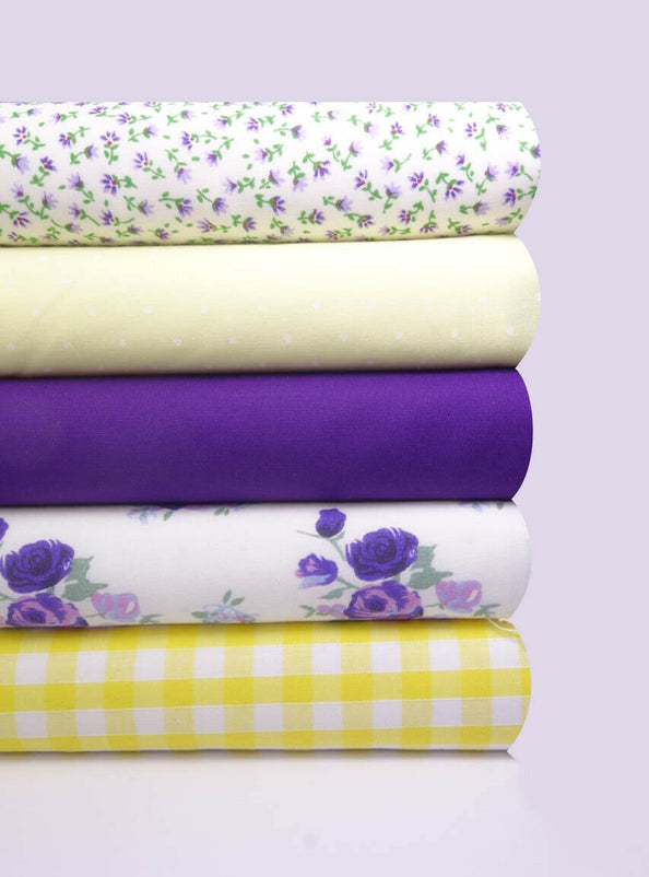 Fabric Bundles Fat Quarters Polycotton Material Florals Gingham Spots Craft - YELLOW PURPLE