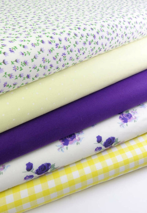 Fabric Bundles Fat Quarters Polycotton Material Florals Gingham Spots Craft - YELLOW PURPLE